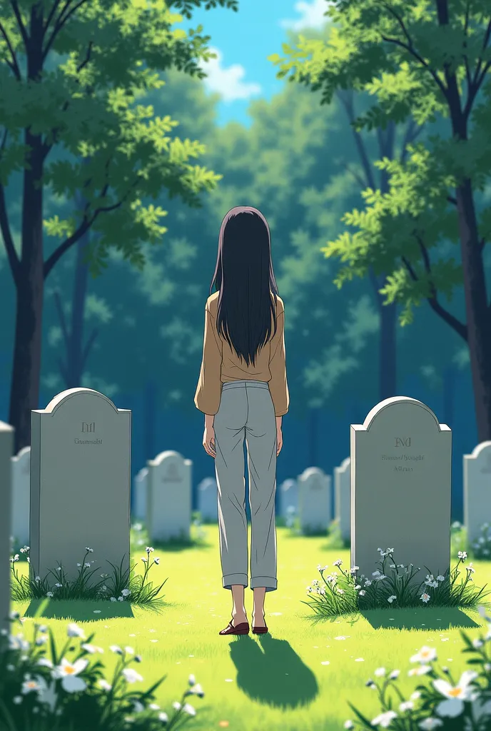 Draw an anime-style girl wearing pants and a long-sleeved shirt with loose hair that reaches the floor. She stands in front of two graves in a cemetery

