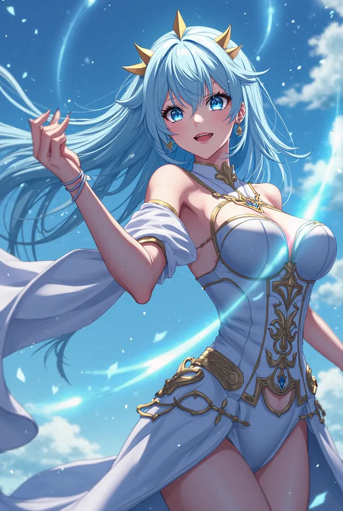 Rude Anime Goddess Woman, high, with sky blue eyes, LONG EYELASHES, Thin eyes, long light blue hair with ripples, fighting a demon