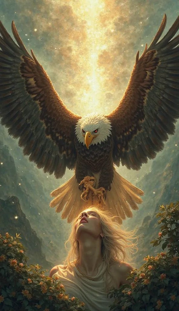  Image of an eagle spreading its wings over its young or a person protected under a heavenly light.