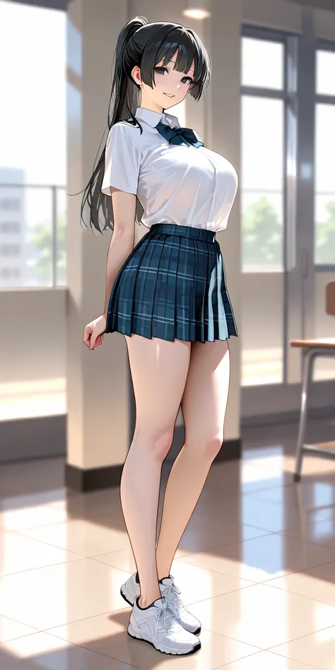 Masterpiece, newest, vibrant, very aesthetic, high contrast, mature woman, hinata hyuga, black eyes, black hair, pony hair, straight hair, high ponytail long hair, white school uniform, red pleated mini skirt checkered pattern, white sneakers, medium breas...