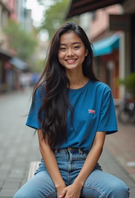 a young beauty woman long black hairstylish in dressed blue t-shirt and long levi's trousers, he was sit down in bench sidewalk of footpath of the central city of Indonesian republic, smiling, beautiful placed, natural atmosphere, real photo, authentic tha...