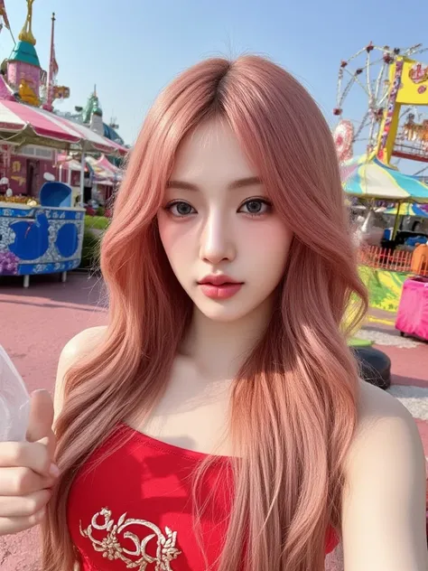 A kpop girl, korean, strawberry blonde hair,, pretty smile, douyin makeup, gorgeous, , stunning, lovely, princess big curls, instagram post, selfie, trendy, cutesy, at a carnival in Korea, cute, trendy