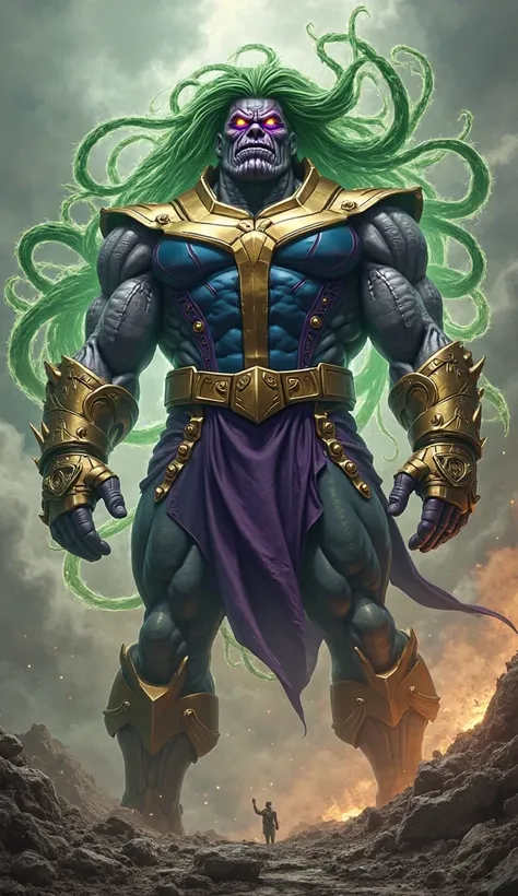 "Thanos and Medusa stand together, their powers merging to form an unstoppable hybrid creature, a perfect blend of their immense strength and cosmic energy. The creature’s form is both terrifying and awe-inspiring, towering over its surroundings. Its body ...