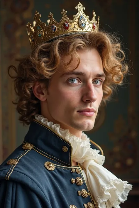  a 22-year-old man , tall and loud, with a pretty face , mature and intelligent and loving, brown with blond and wavy locks, with very beautiful blue eyes, penetrating and deep, with 17th century clothing/18 style: Principle.  with a crown on his head , an...