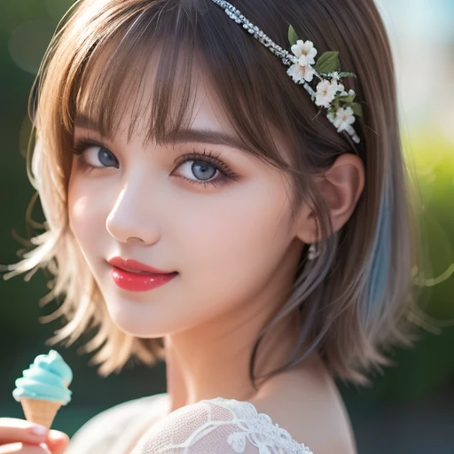 Close-up of a person holding an ice cream cone, Sweet girl,  woman with wavy silver hair, bangs,  light blue eyes ,  red lips, Soft green dress,