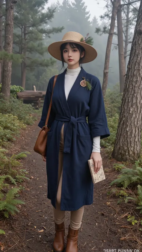  scene：Morning mist in the fir forest，She wore a dark blue homespun robe that had been dyed with twenty-four indigo processes，White ramie stand-up collar shirt，Copper compass and pine cone brooch pinned to the lapel。
appearance：Straw hat with mistletoe and...