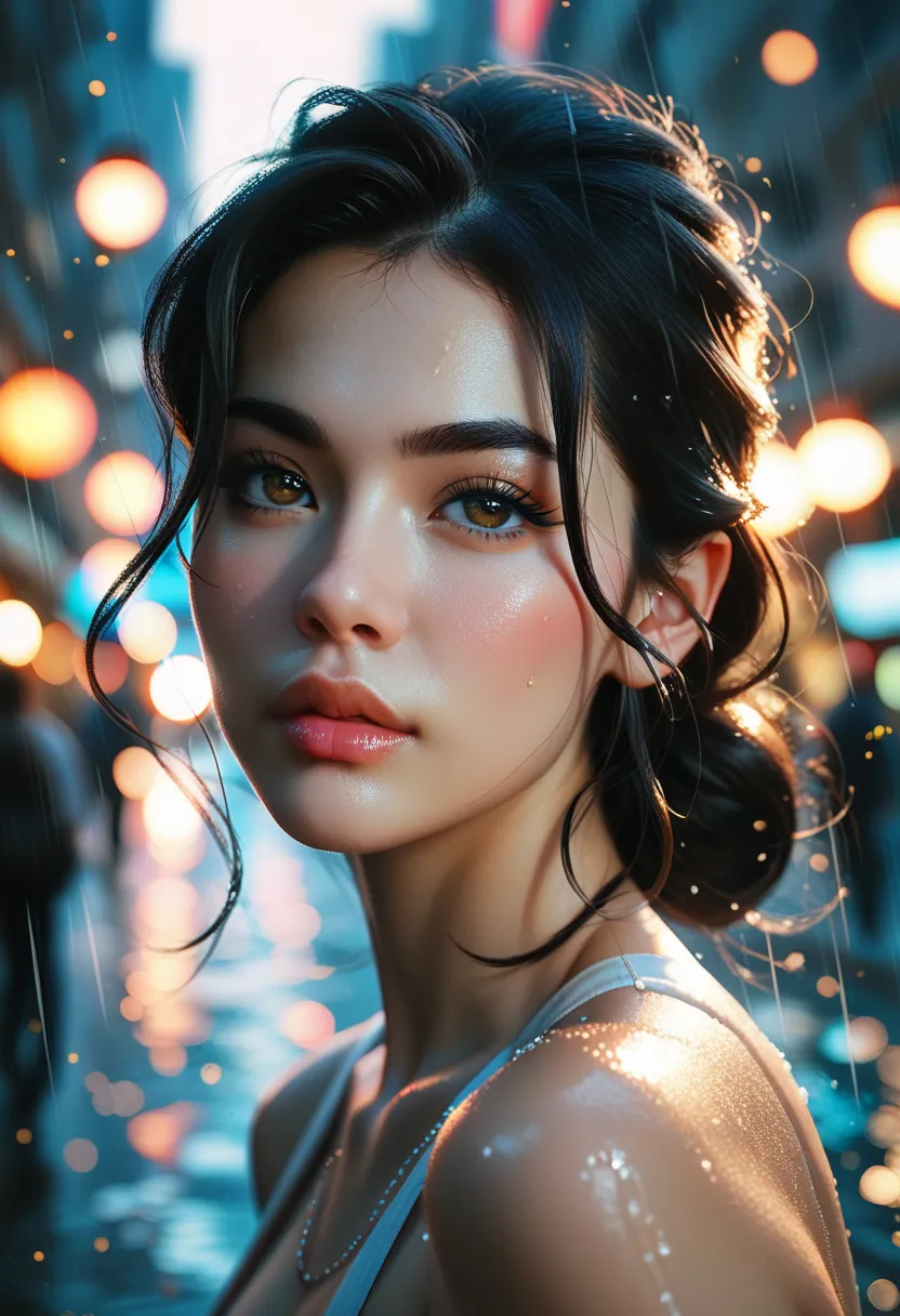 Portrait of a beautiful woman, dust particles in the air, illuminated by natural sun light, making direct eye contact, fair skinned asian woman with blushing cheeks, black hair, full lips, pouting face, in the rain, city lights, downtown at night