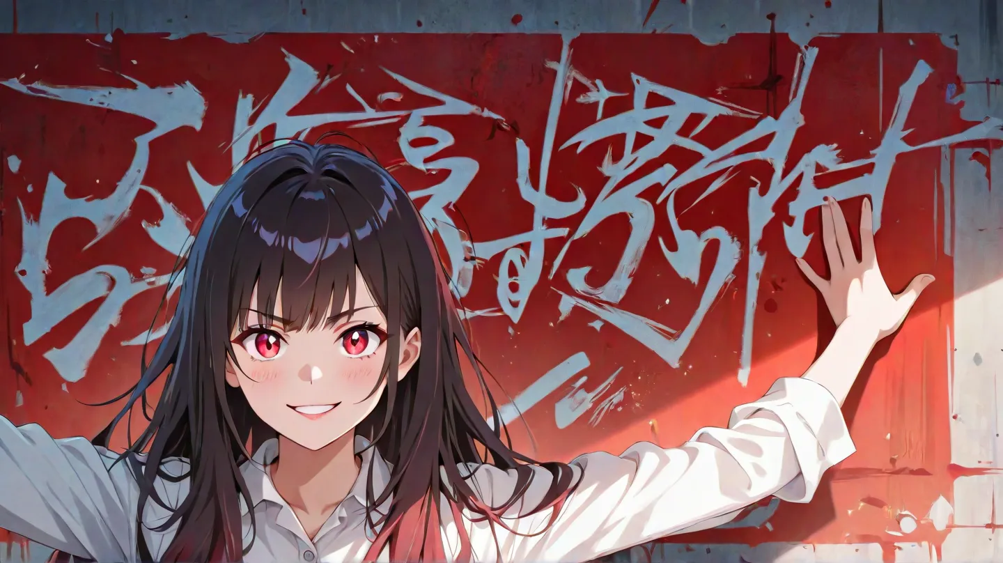 A female anime character with slightly messy black long hair and a mischievous and crazy expression. She wears a unique half-red, half-white button-up shirt, with dark red stains scattered on the white side. The scene looks intense and rebellious. She move...