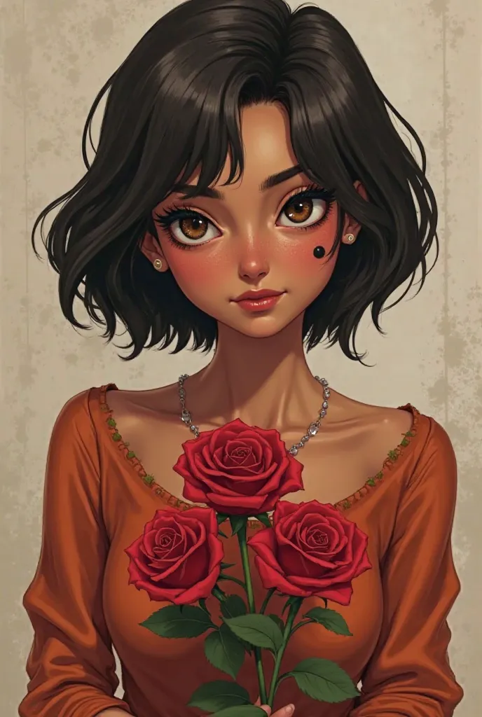 create a Brazilian brunette character,with an older appearance,with a half-furrowed face,a black dot on the cheek,short hair, smooth and black at the height of the long arms,dark brunette and dark brown eyes,holding roses and if possible ladybugs with rose...