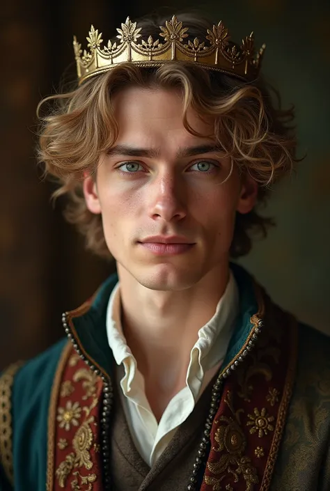  a 22-year-old man , tall and loud, with a pretty face , mature and intelligent and loving, brown with blond and wavy locks, with very beautiful blue eyes, penetrating and deep, Wearing 17th century clothes/18 style: Principle.  with a crown on his head , ...