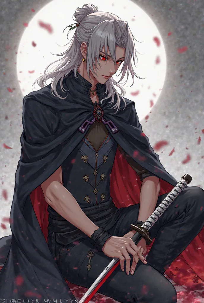 Look, I want a 175-year-old character who has eyes of sadness and anger, that the clothes he wears are elegant and that has his clothing like a cape style and that has a white aura, that has black bracelets on his hands and his hair that is tied up with lo...