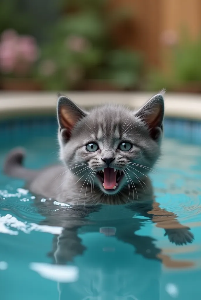 The gray kitten accidentally falls into the pool and cannot swim and drowns, her kitten brothers meow at their mother for help, expressions of fear and despair, 21-year-old woman with long hair, big breasts, Trying to rescue the kittens