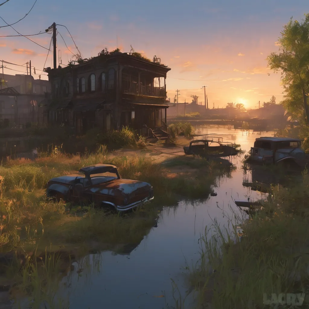 style fallout4 town with a pond