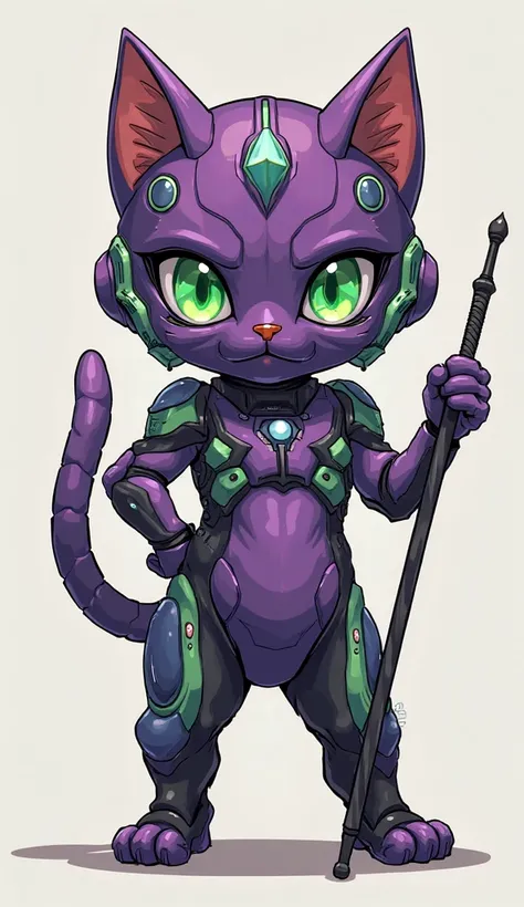 This kitten stands upright on its hind legs, striking a dynamic pose.
	•	It confidently holds the Lance of Longinus in its right paw.
	•	It wears a tight-fitting, nanomachine-generated bodysuit inspired by Evangelion Unit-01, featuring a purple, green, and...