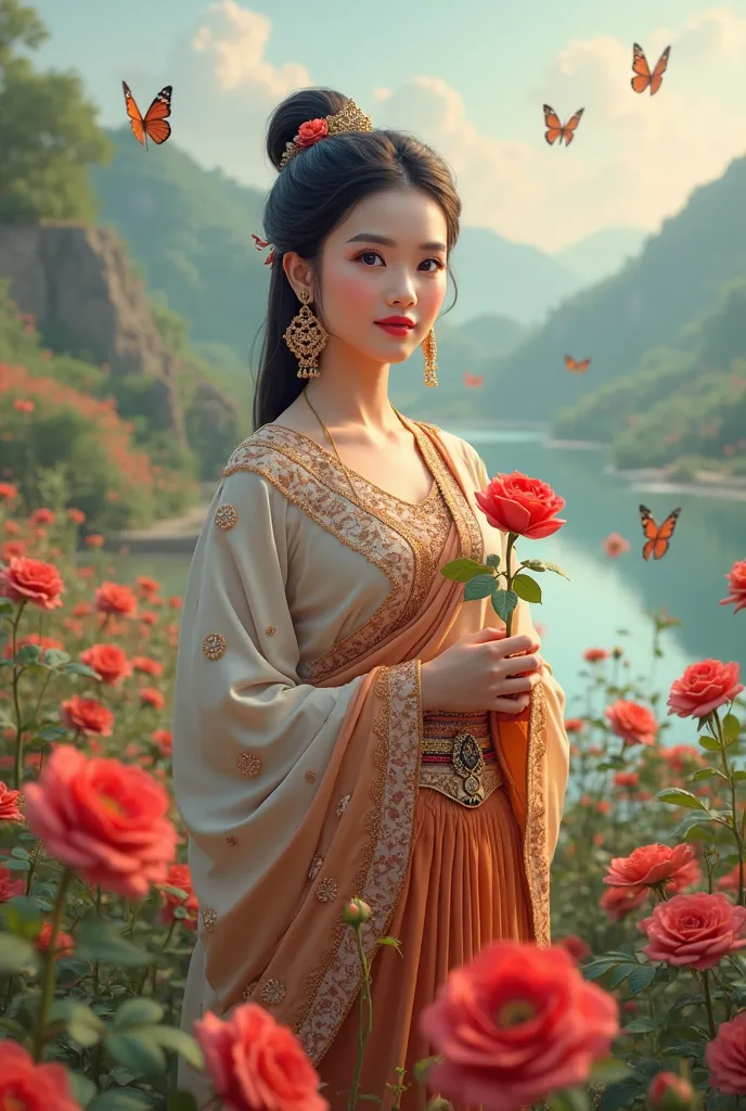  pretty girl, holding a rose , wearing Burmese blouse, wearing Burmese shawl, wearing Burmese kutek, background with rose field,  lake ,  butterfly.high quality realistic 3D photo high resolution 10K.