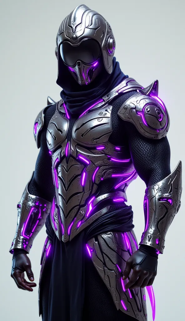 
The image shows a futuristic character with a cyberpunk and ninja aesthetic. He wears detailed metallic armor, with purple neon lighting in various parts of the costume, including a visor on the face, shoulders, arms and waist. The clothing combines techn...