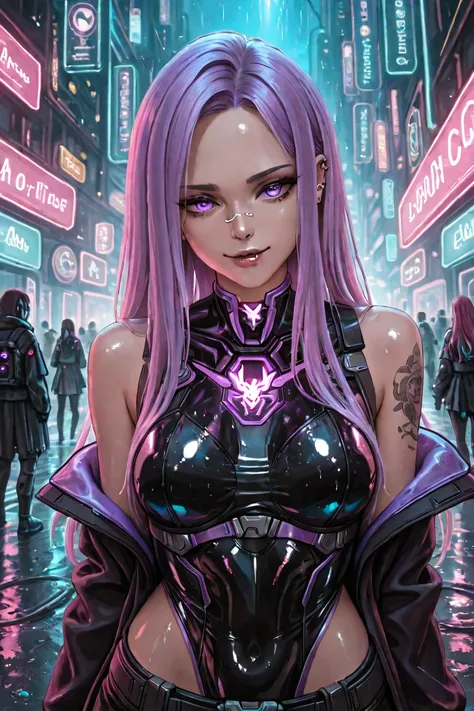 "A futuristic anime character, with a seductive and demonic appearance. she has long hair, Black and smooth, with a straight and shiny fringe,  as if it were made of light . On the neck, there's a holographic dragonfly tattoo. She wears a septum piercing, ...