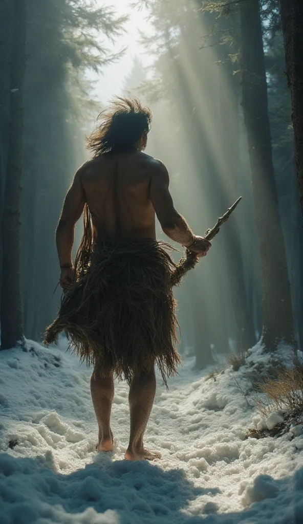 **"A full-body, high-motion realistic cinematic image of a South American indomitable wild prehistoric warrior, 2 meters tall, hunting with his bow and arrow in a snowy forest with his spear in a stalking position, walking through the forest paying attenti...