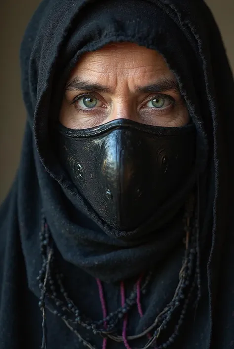 Donna sarda, 40 years, green eyes, traditional black and purple dresses, close up in the face, veil on the head, half of the face is covered by a Sardinian mask, Sardinian visor, is black and wooden