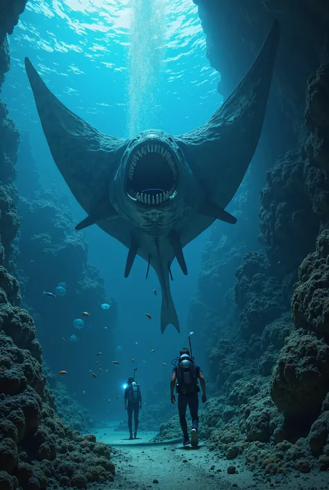 "In the crystal-clear depths of the ocean, a colossal creature emerges from the shadows, a hidden fusion between a giant stingray and a megalodon. Its broad, flat body moves gracefully, but its immense jaw, filled with files of refined teeth, reveals its t...