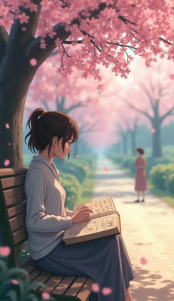 A bittersweet anime-style illustration of a 24-year-old woman sitting on a wooden bench beneath a cherry blossom tree, watching someone from afar. Her expression is soft but melancholic, her fingers gently resting on an old notebook filled with doodles of ...