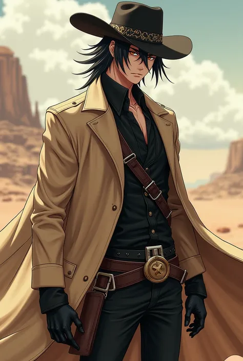 Ok maitenant je veux que mon persos qui ressemble à Jellal en anime qu’il est une autre tenue de cow-bo Avec un long manteau beige avec des gants noirs 