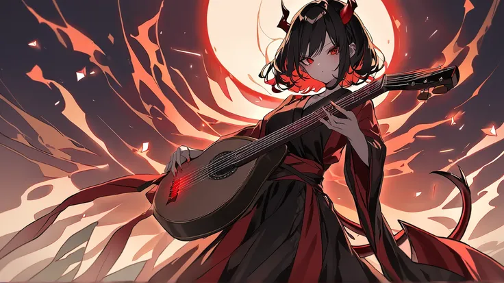 A demonic woman with long black hair and red curved horns wears a flowing red and black kimono and plays a traditional stringed instrument similar to a shamisen or guitar. She has an intense, mysterious gaze and musical notes float around her, enhancing th...