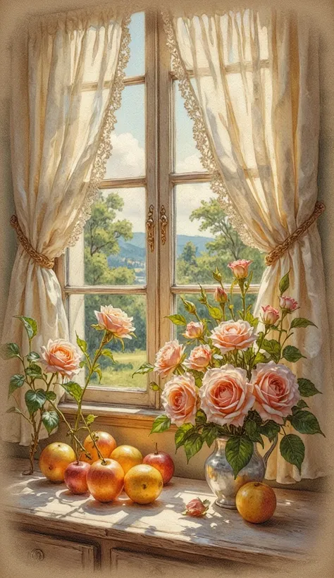 oil painting still life , vintage window illustration on a sunny day, iridescent light , Soft light, lace curtains, flowers, Fruits, dynamic light