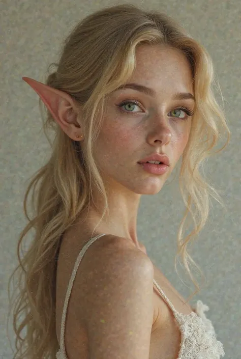 A male elf, green eyes, shoulder-length blonde hair, pointy ears, fair skin,  extremely handsome, with no expression marks, looking like a boy ,  in a sensual pose 