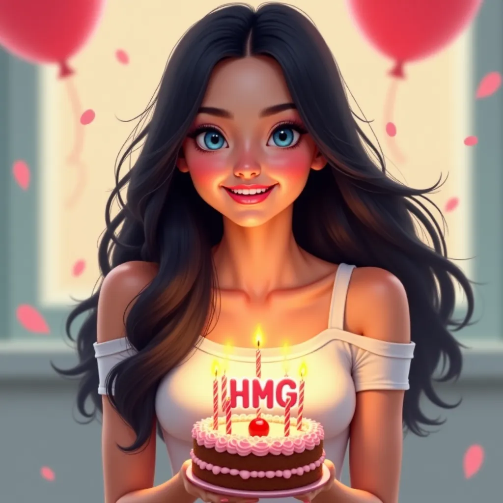 Generate me a picture of a female on her birthday, black hair, blue eyes, full white skin with name HMG on her shirt, holding a cake, crop top 