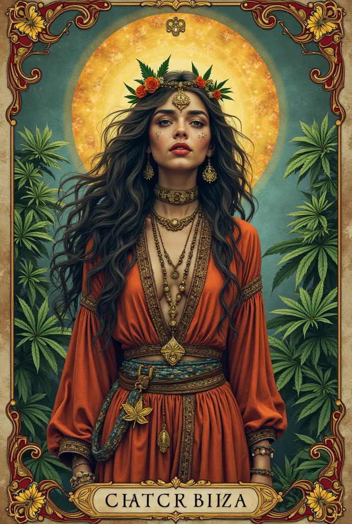 Create images for the clothing brand Cerebrão Cannabico, In the style of tarot cards, with details of the gypsy culture, with cannabis plants