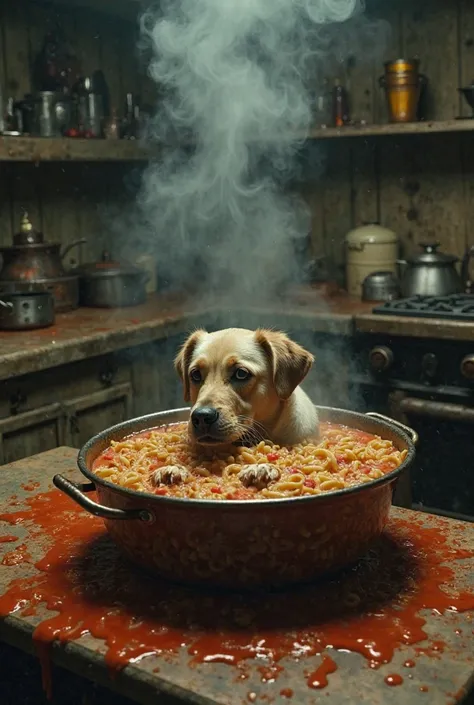 Video of a dog being cooked in pasta