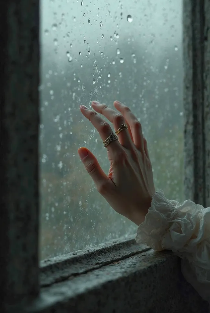 Woman's hand on the window with rain