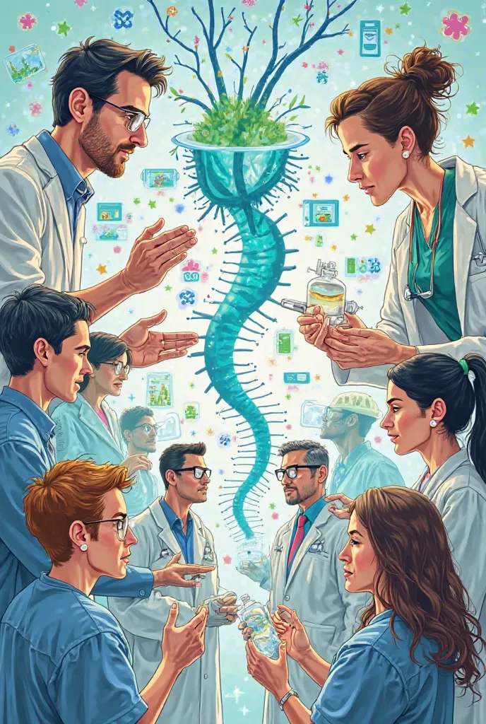 Make an editorial cartoon showing the applications and benefits of biotechnology to humans in the field of modern medicine.