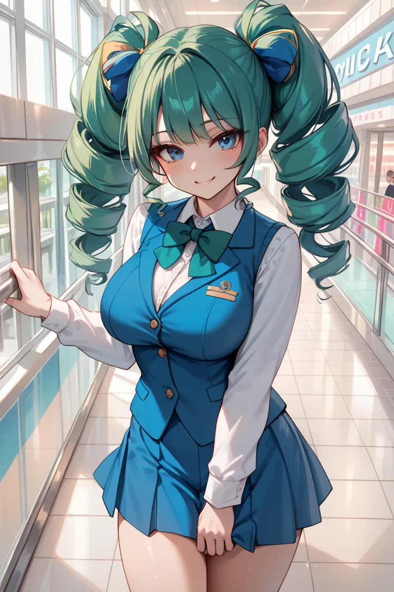 score_9_up, score_8_up, score_7_up, 1girl, solo, source_anime, mega twin drills, big hair BREAK 

Green hair, blue eyes, large breasts, hips BREAK 

Blue collared shirt, long sleeves, green bowtie BREAK blue vest, blue skirt BREAK 

Indoors, mall, standing...