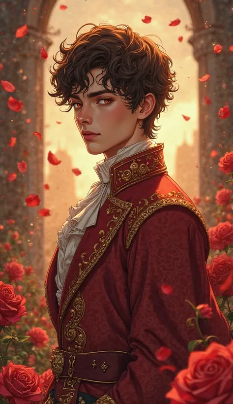 "A highly detailed anime-style illustration of an androgynous young man named Ethan, featuring warm brown skin and a slender, hourglass figure that exudes both grace and hidden strength. His curly chestnut hair is styled in a tousled yet refined manner, fr...