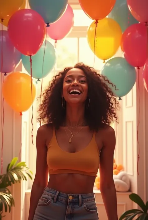 Make an image of a birthday, of a brown girl who is 24 years old,has hair down to below the shoulder and curly, There are birthday balloons and it's in a large space, 