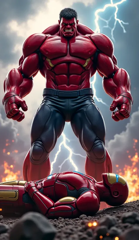 Red hulk beat iron man and red hulk  standing on death body in lightning 