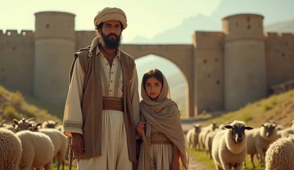 a wakhi young shepherd and a girl holding a stick outside the gate of a fort, sheep around them, Medium shot, Cinematic