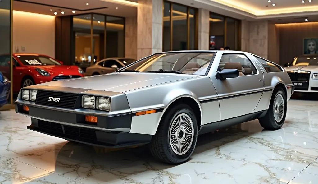 

"A luxurious 1981 DeLorean DMC-12 with a stainless steel silver body, displayed in a high-end luxury showroom. The car is fully visible from the right side, with gullwing doors closed. The polished stainless steel body reflects soft ambient lighting. The...