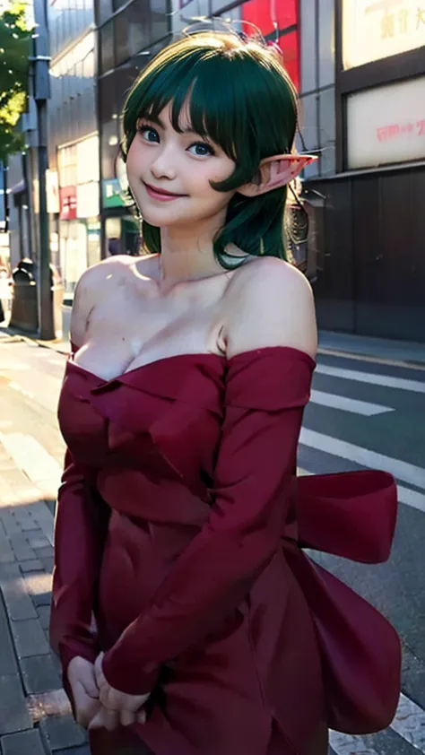  ((masterpiece,best quality,ultra-delicate,Perfect Face,16k,very detailed eyes,high resolution,very beautiful girl:1.5,very cute japanese girl:3.5,((realistic photo,sharpness,raw photo,very clear photo)))),bright green hair:9.0,Red strapless bodycon tube d...