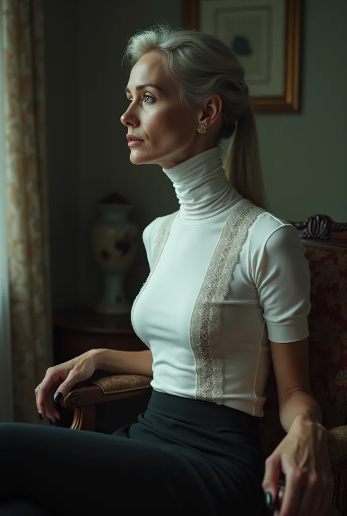 A beautiful veteran, with a realistic appearance and mature but distinguished features, and has an extremely long and stylized collar that gives her a unique and striking appearance. She wears a short-sleeved white turtleneck, made of tight lycra combined ...