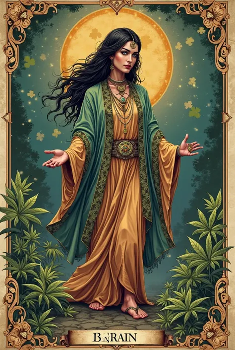 Create images for the clothing brand Brain Cannabis, in the style of tarot cards, with details of the gypsy culture, with cannabis plants, underground style shamrock 