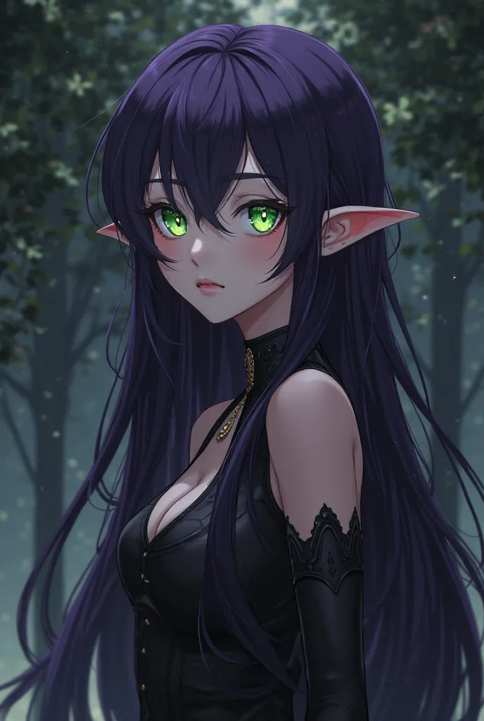 Selene is a tall, slender figure, quiet yet graceful. Her pale, flawless skin contrasts with her long, waist-length dark purple hair, which flows like liquid shadow, its luminous strands shimmering with a faint, otherworldly glow. Delicate strands frame he...