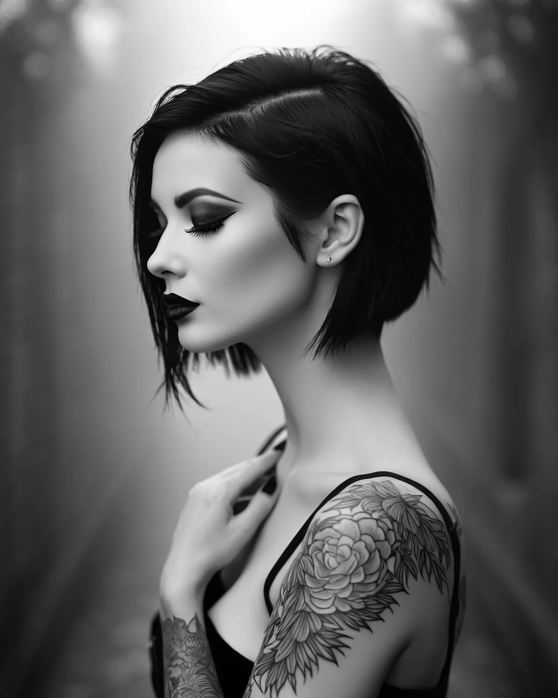 black and white photorealistic upper body portrait image, depicting a petite woman with dark gothic hair and tattoos. Shoulders back, hands are clasped behind her, Eyes closed, evocative makeup false eyelashes matching lipstick, head is turned to the side,...