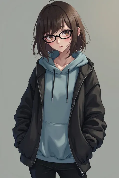 Girl with dark brown hair wearing a black jacket and light blue hoodie, black pants and glasses 