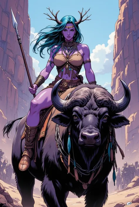 In a dramatic comic book style Illustrate a female warrior with pale purple skin and aqua blue hair and black eyes.  She has an athletic curvy physique with toned thighs and arms, small pert breasts. She has small twigs growing out of her hair like small h...