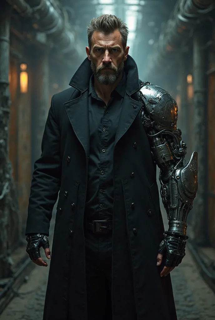 A 30 years old white man with brown hair and beard wearing a long black coat with shiny cybernitic arm