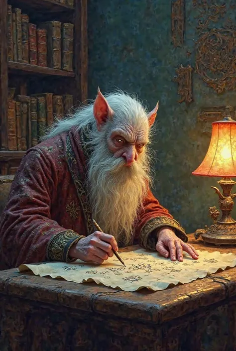 A wizard with a long white beard and a rat's face writing a scroll on the table with a lamp next to it and a bookcase full of books 