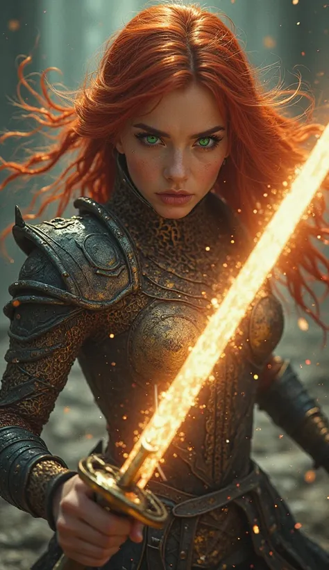 A red-haired warrior with green eyes, wearing a chainmail, holding a long sword that has a radiant light on the blade, She attacks a mime that is coming out of a box 